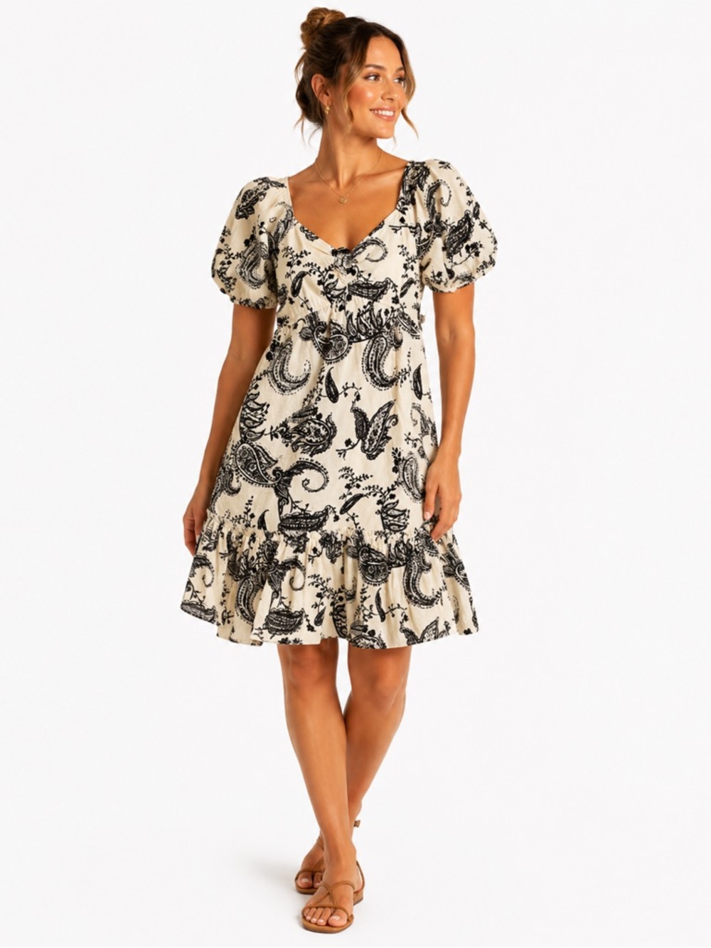 Mexx Paisley Dress Cream Black Puff Sleeve Cottagecore Boho Midi Large NWT